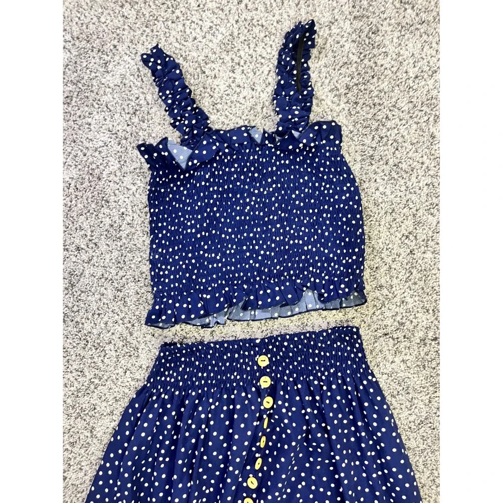 SHEIN Womens Navy Blue Polka Dot Two Piece Set Smocked Crop Top Maxi Skirt Small